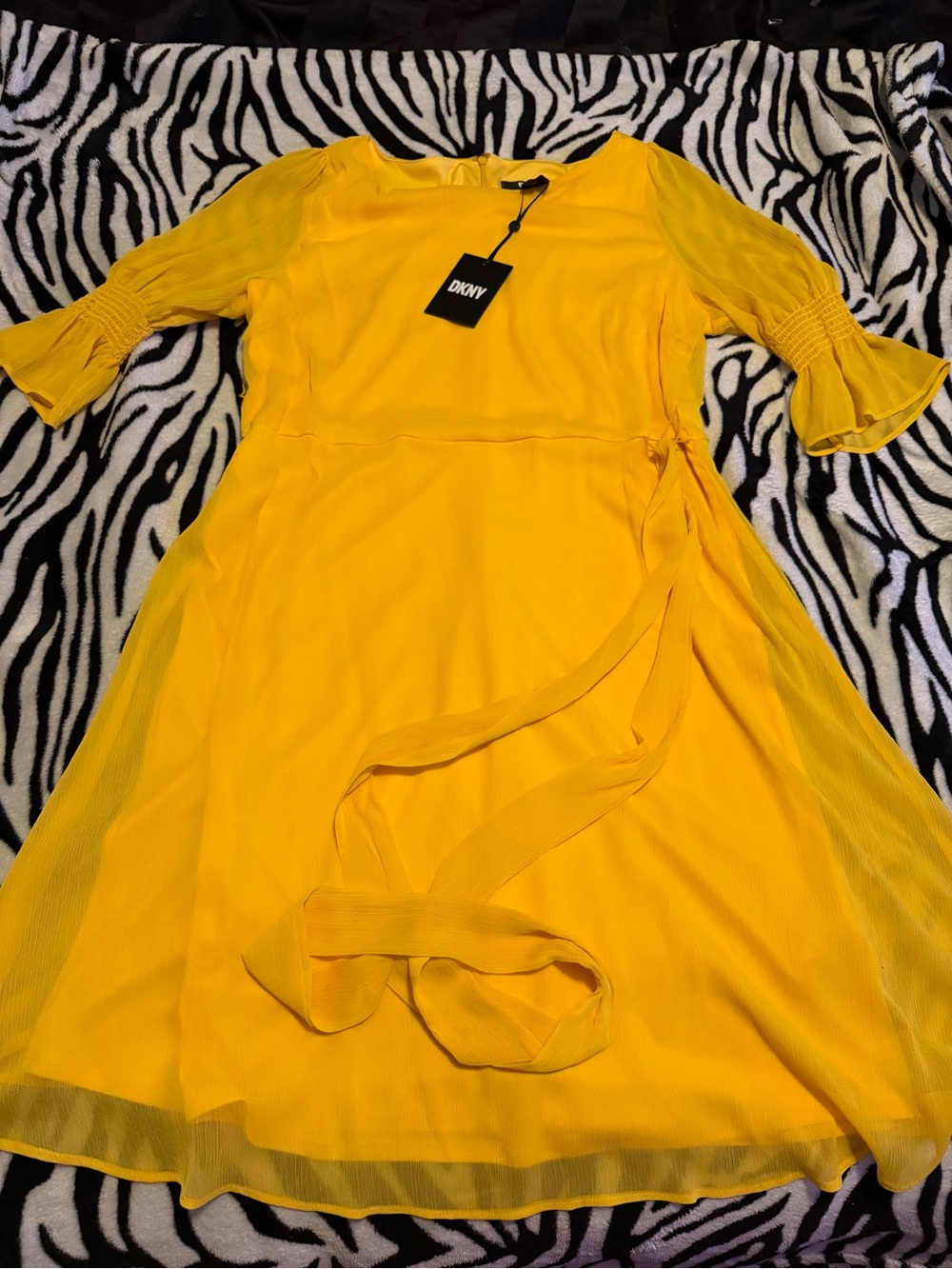 DKNY Bright Yellow Midi Chiffon Wrap-Detail Dress